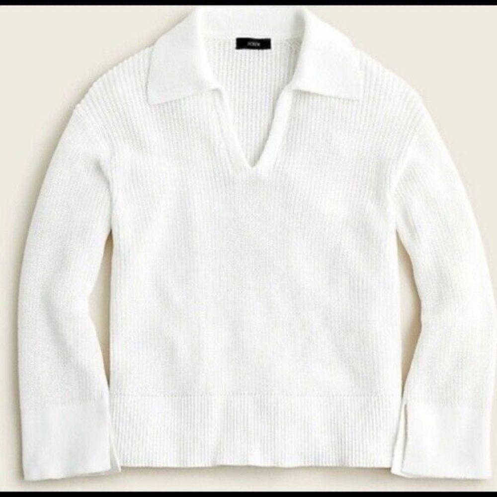 J. Crew Womens XS White Ribbed Knit Sweater Collared V-Neck Polo Preppy Old Mone